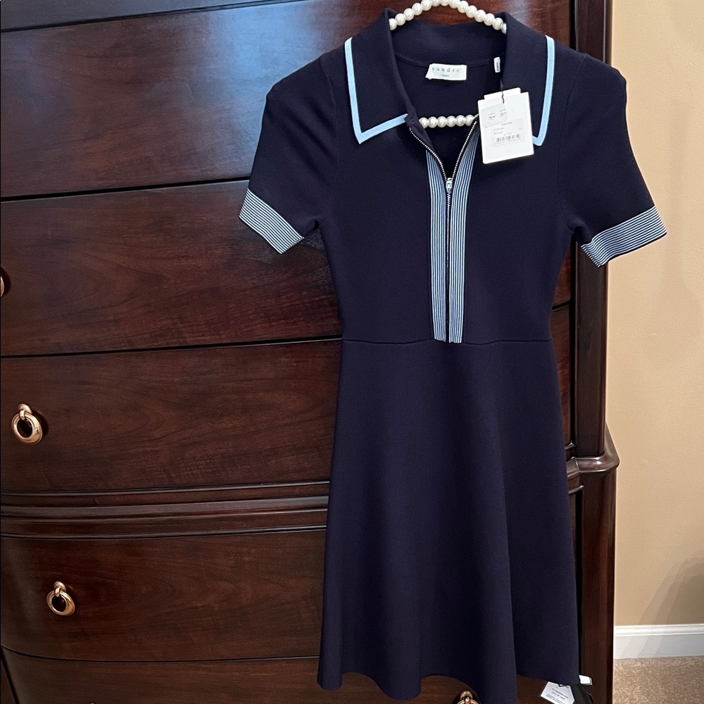 Sandro Navy Knit Short Sleeve Dress with Light Blue Trim zipper front.